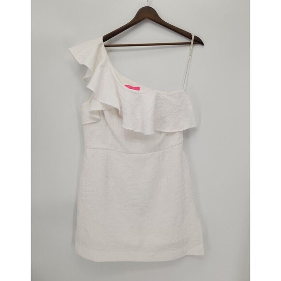 Lilly Pulitzer Kipton Ruffle Romper OneShoulder White Pineapple Jacquard Size 14 - Picture 2 of 5